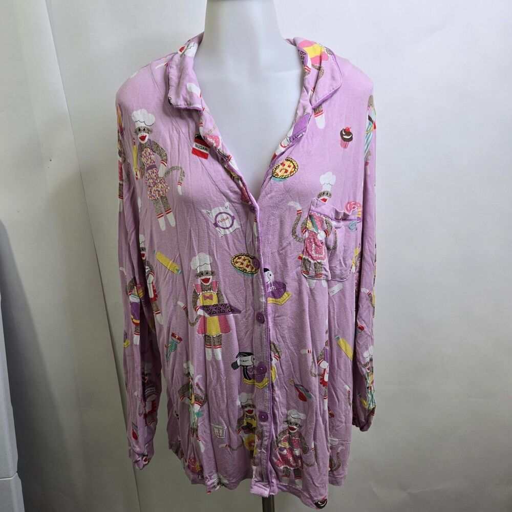 Nick & Nora Sock Monkey Pajama Top Womens XXL Purple Baking Button Shirt Sleep